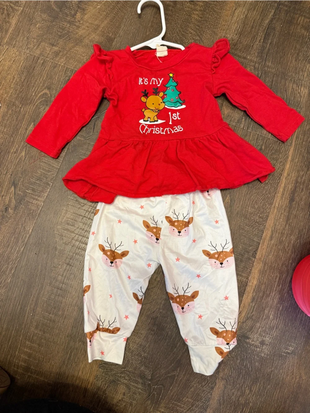 Red Holiday Two-Piece Kids Outfit with Reindeer Print Pants & Headband